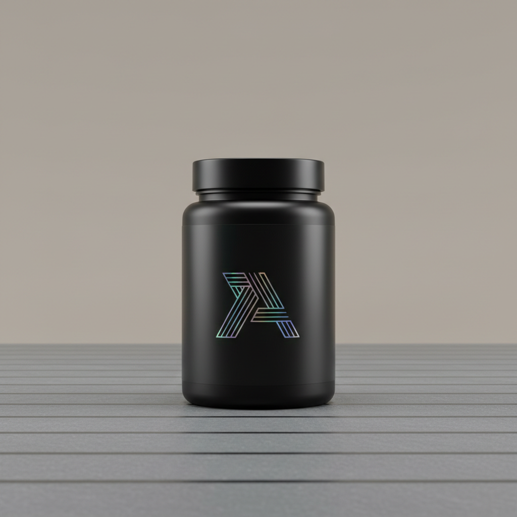 A matte-black, minimalist supplement container with a discrete holographic label featuring sharp, geometric branding details, positioned precisely in the center of a seamless, neutral taupe background. The container stands on a softly textured, slate-gray surface with precise parallel lines scored subtly into the material, echoing a corporate structure. Symmetrical, overhead artificial lighting creates balanced, even illumination with gentle edge highlights. The atmosphere is refined and confident, projecting authority and clarity. Photographed at eye-level with crisp focus throughout and a wide aspect ratio, the composition embodies clean lines and meticulous balance, echoing a photographic realism style suitable for a high-end supplement store.